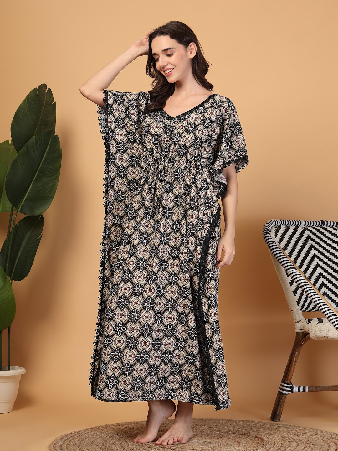 Black Floral Cotton Blend Kaftan Maxi Nightdress