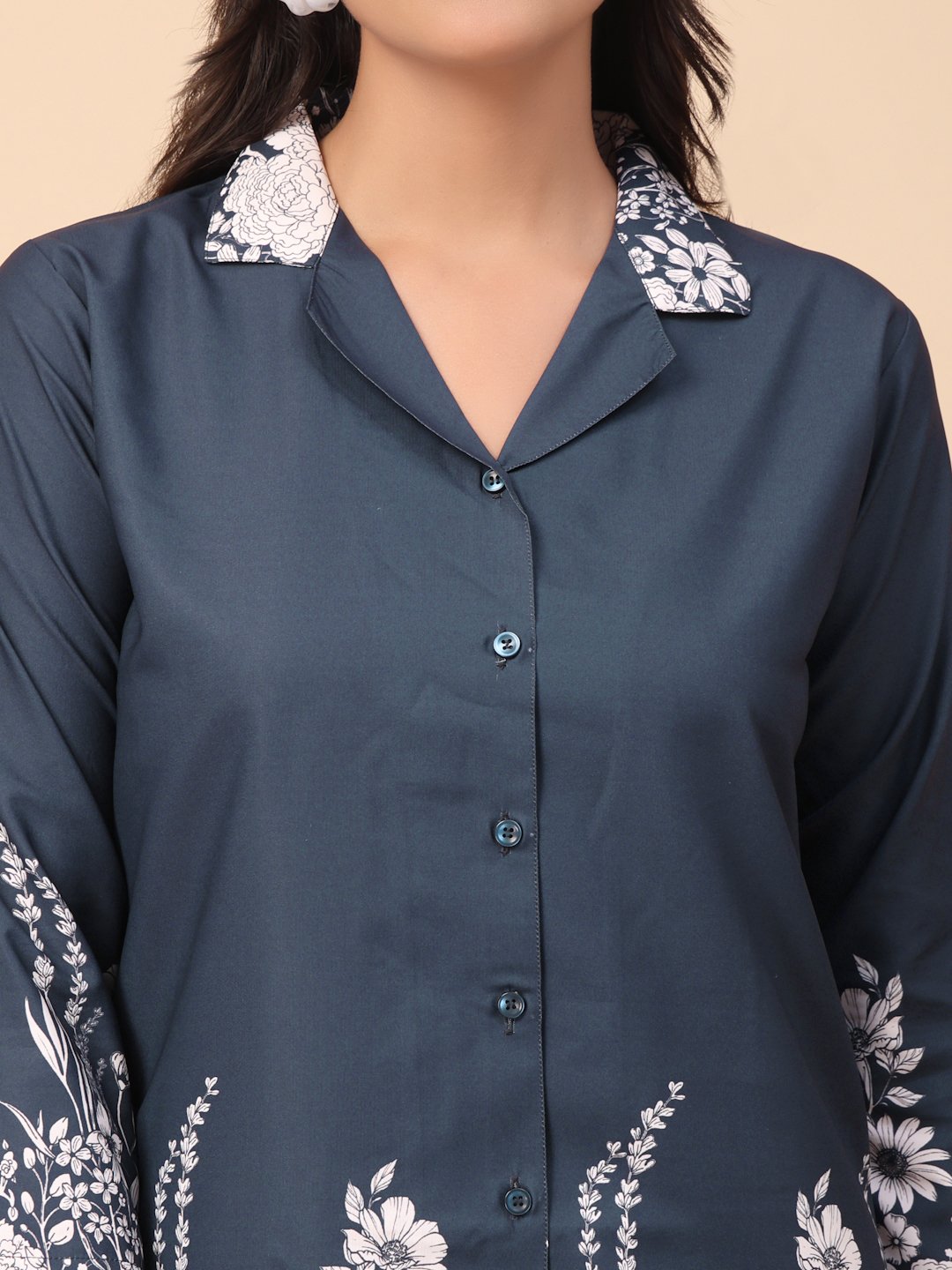 Blue Cotton Printed Shirt With Trousers Co-Ords Set