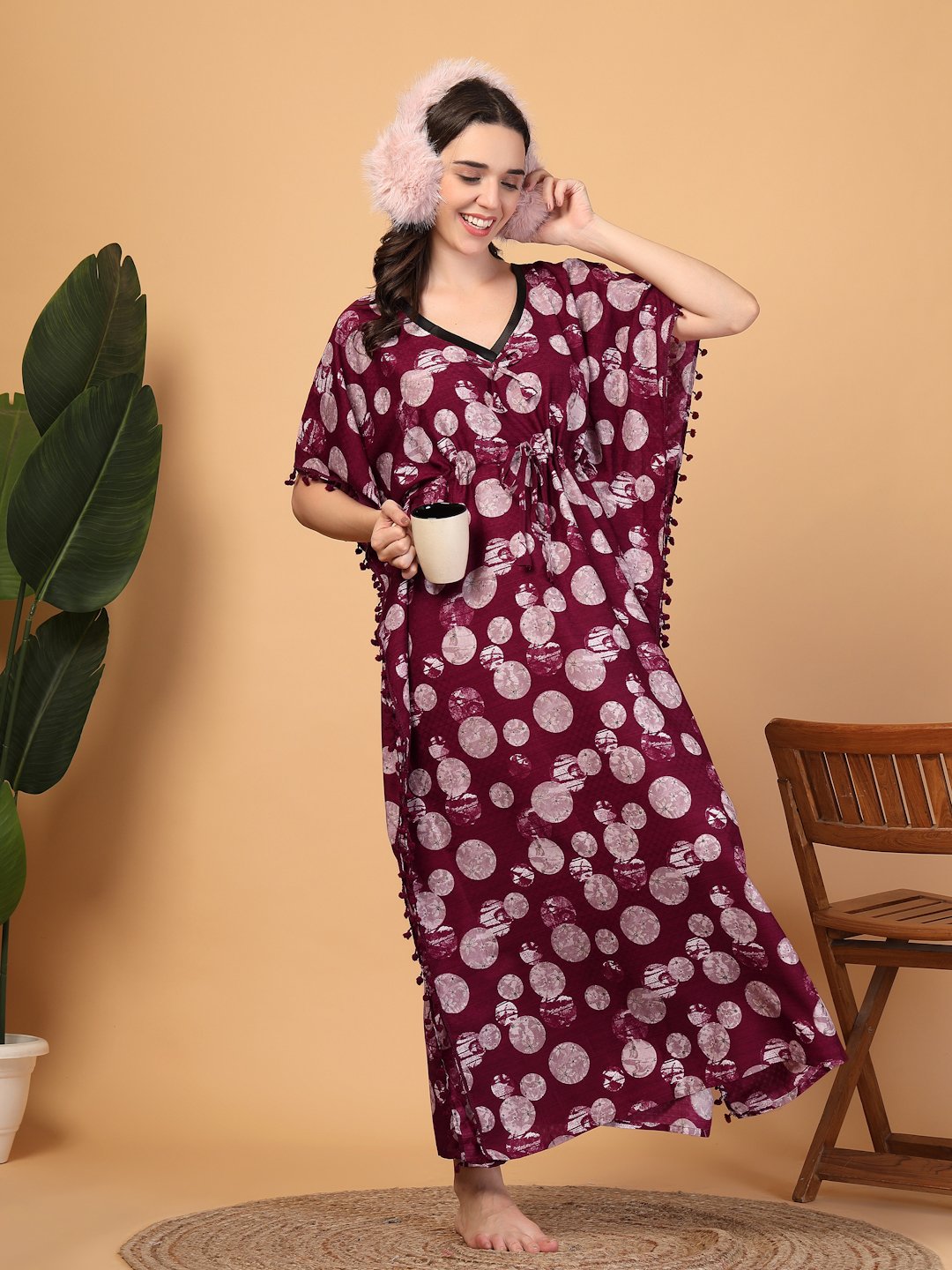 Red Floral Cotton Blend Kaftan Maxi Nightdress