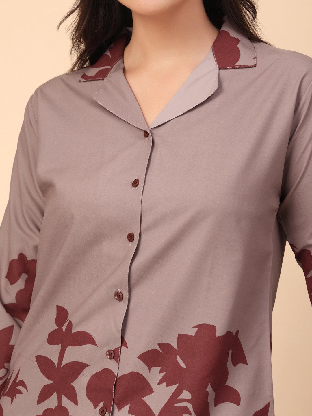 Brown Cotton Printed Shirt With Trousers Co-Ords Set