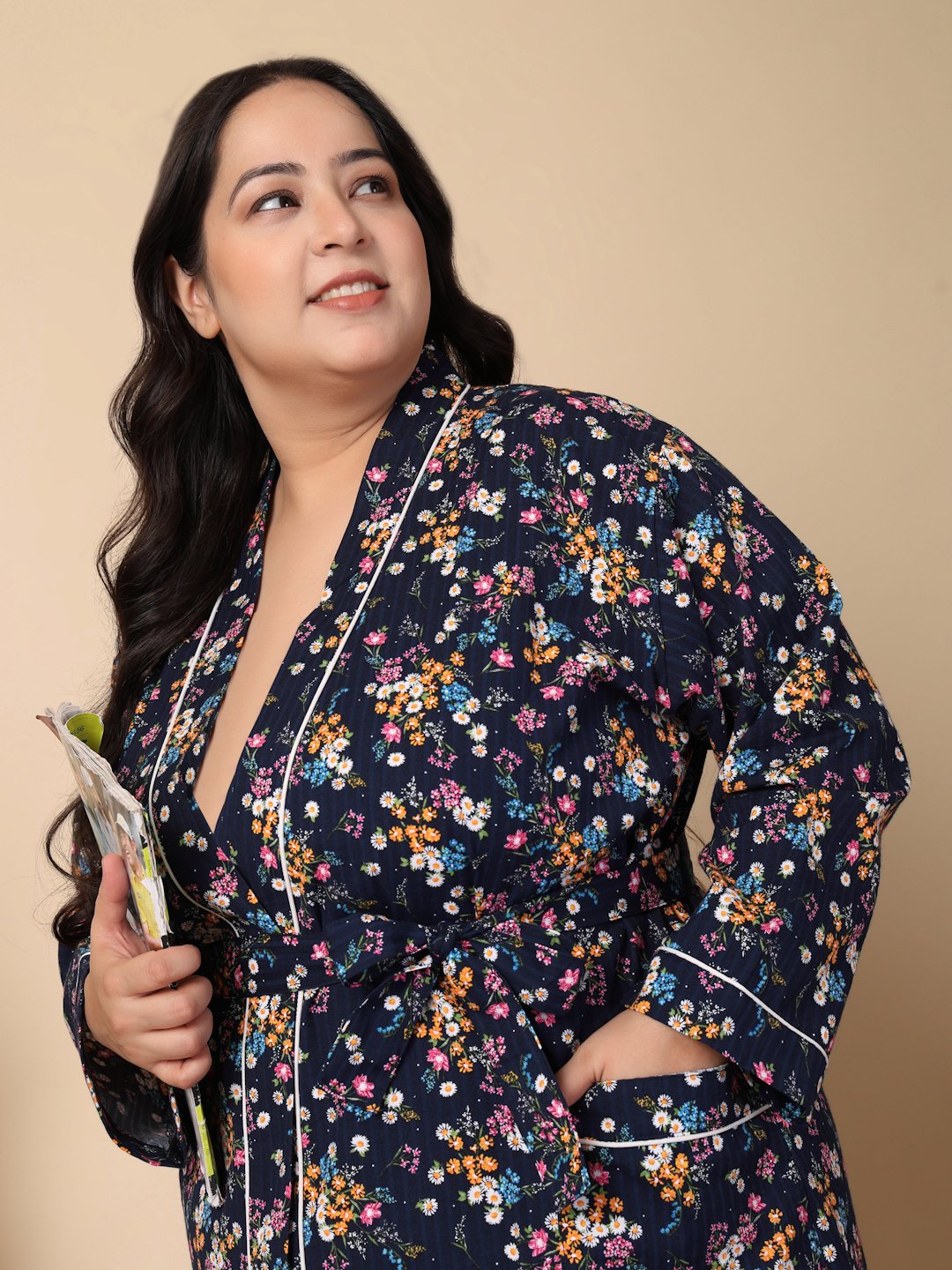 Women Printed Blue Floral Plus Size Pure Cotton Bath Robe With Belt