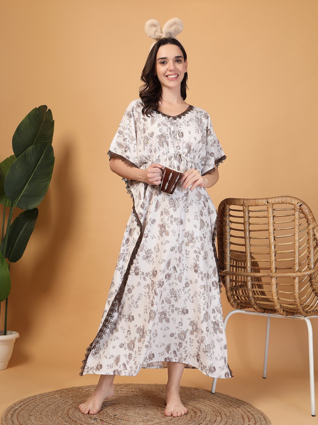 White Floral Cotton Blend Kaftan Maxi Nightdress