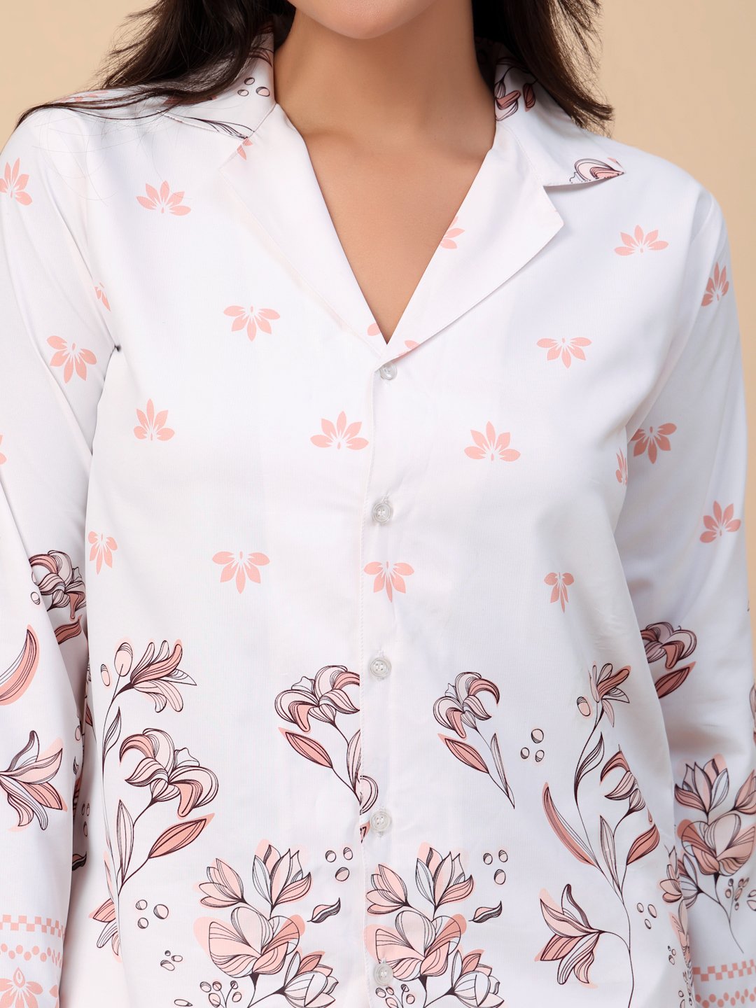 White Cotton Printed Shirt With Trousers Co-Ords Set