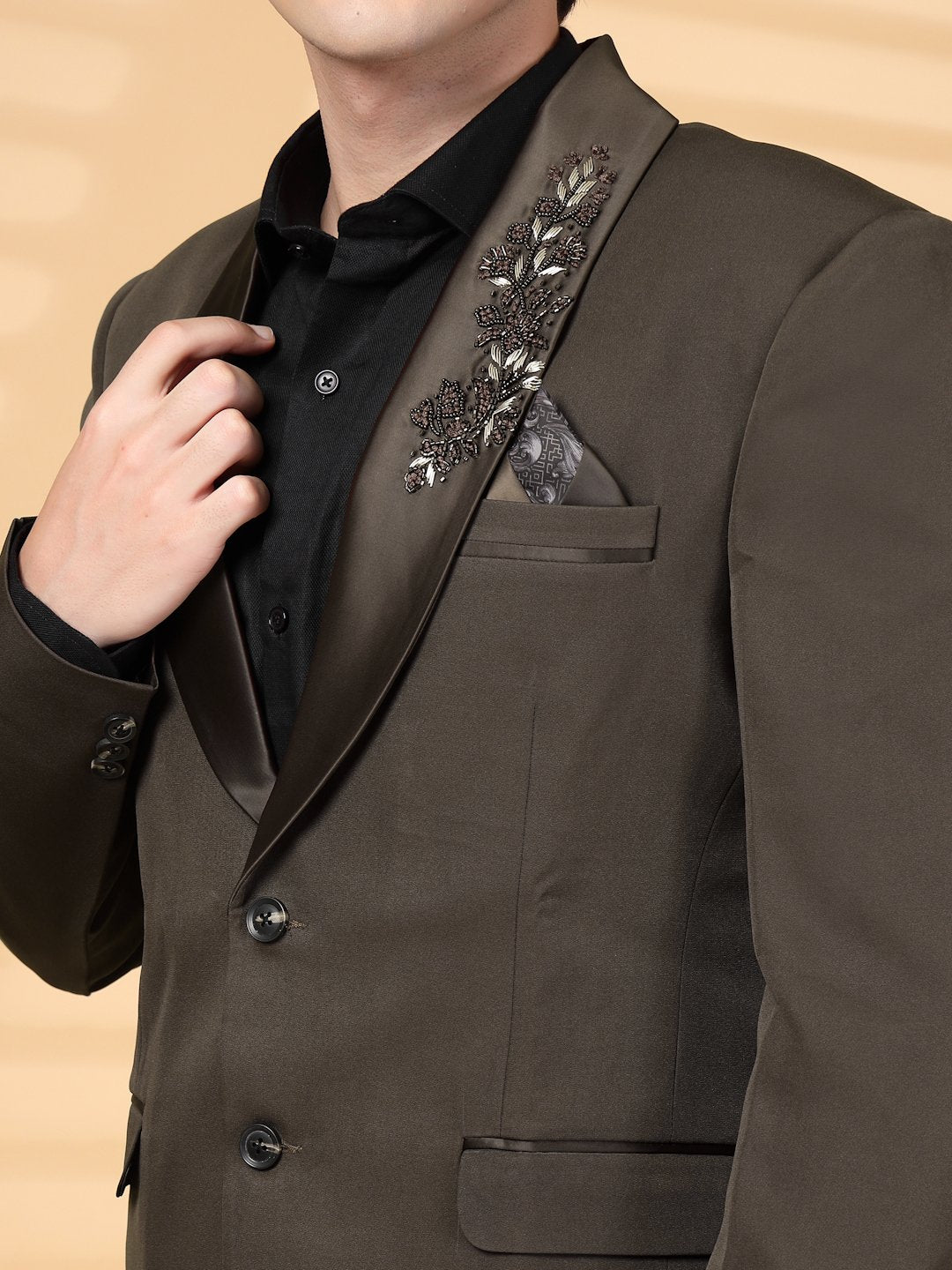 Brown Solid Embroidery Single-Breasted Two-Piece Party Suit