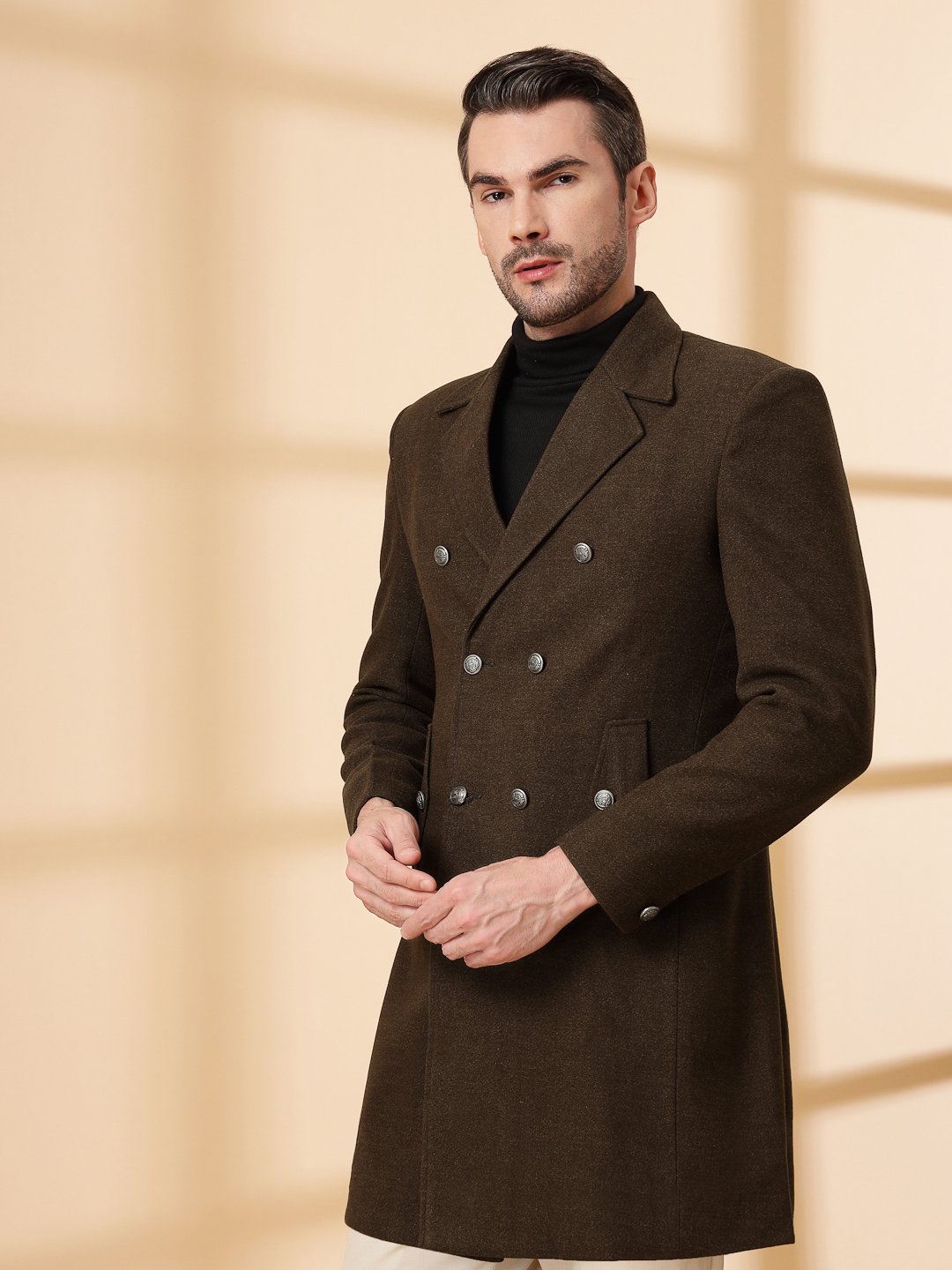 Dark Brown Long Sleeve Double-Breasted Woolen Coat