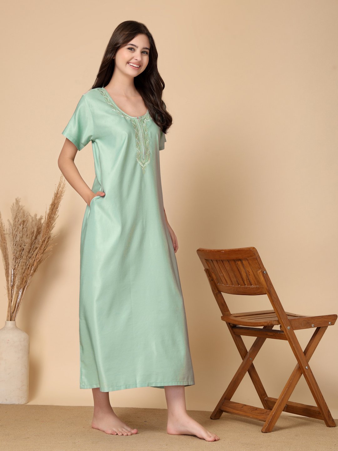 Green Solid Soft Feel Cotton Blend Maxi