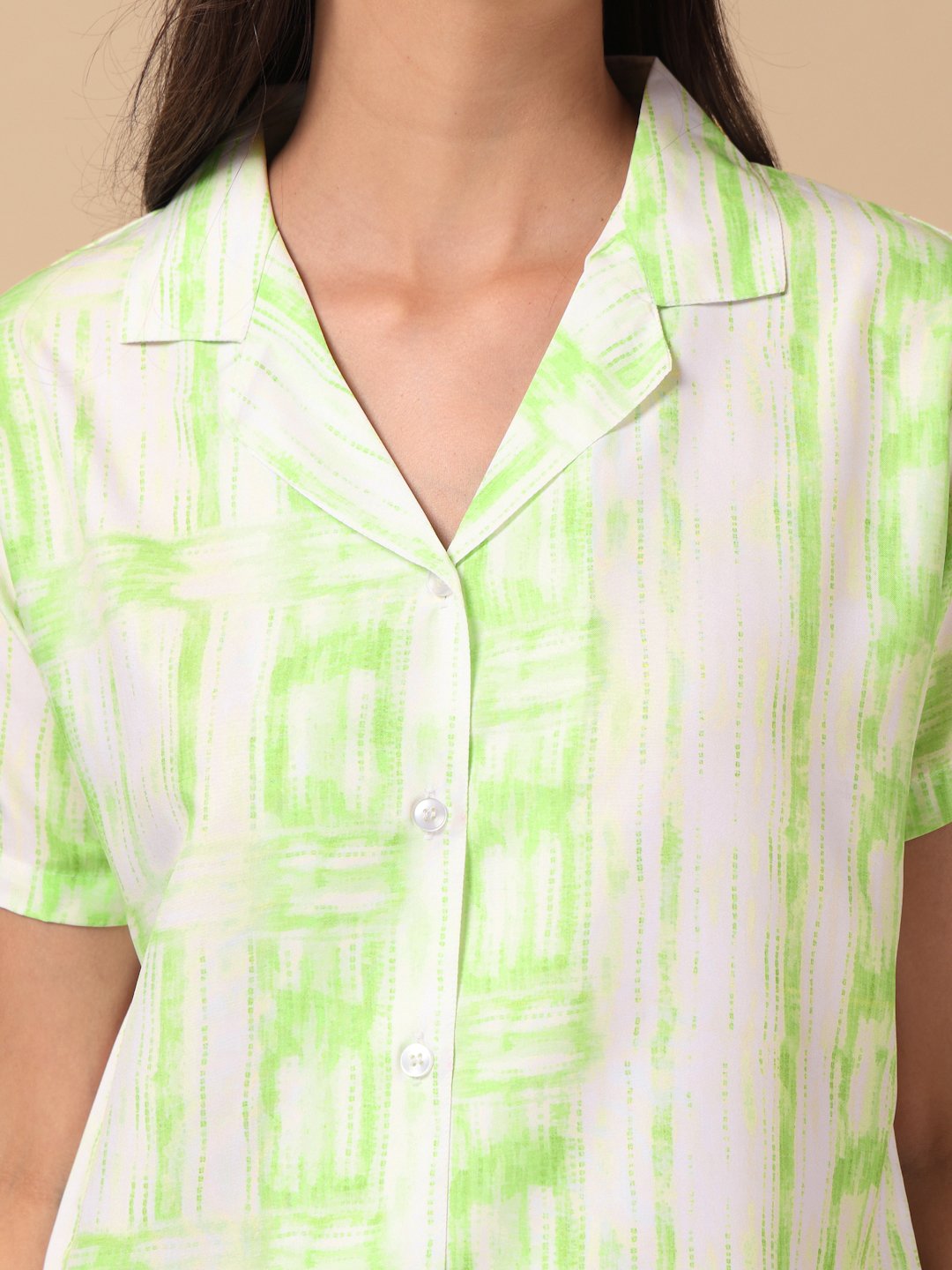 Green Striped Cotton Blend Women Night Suit