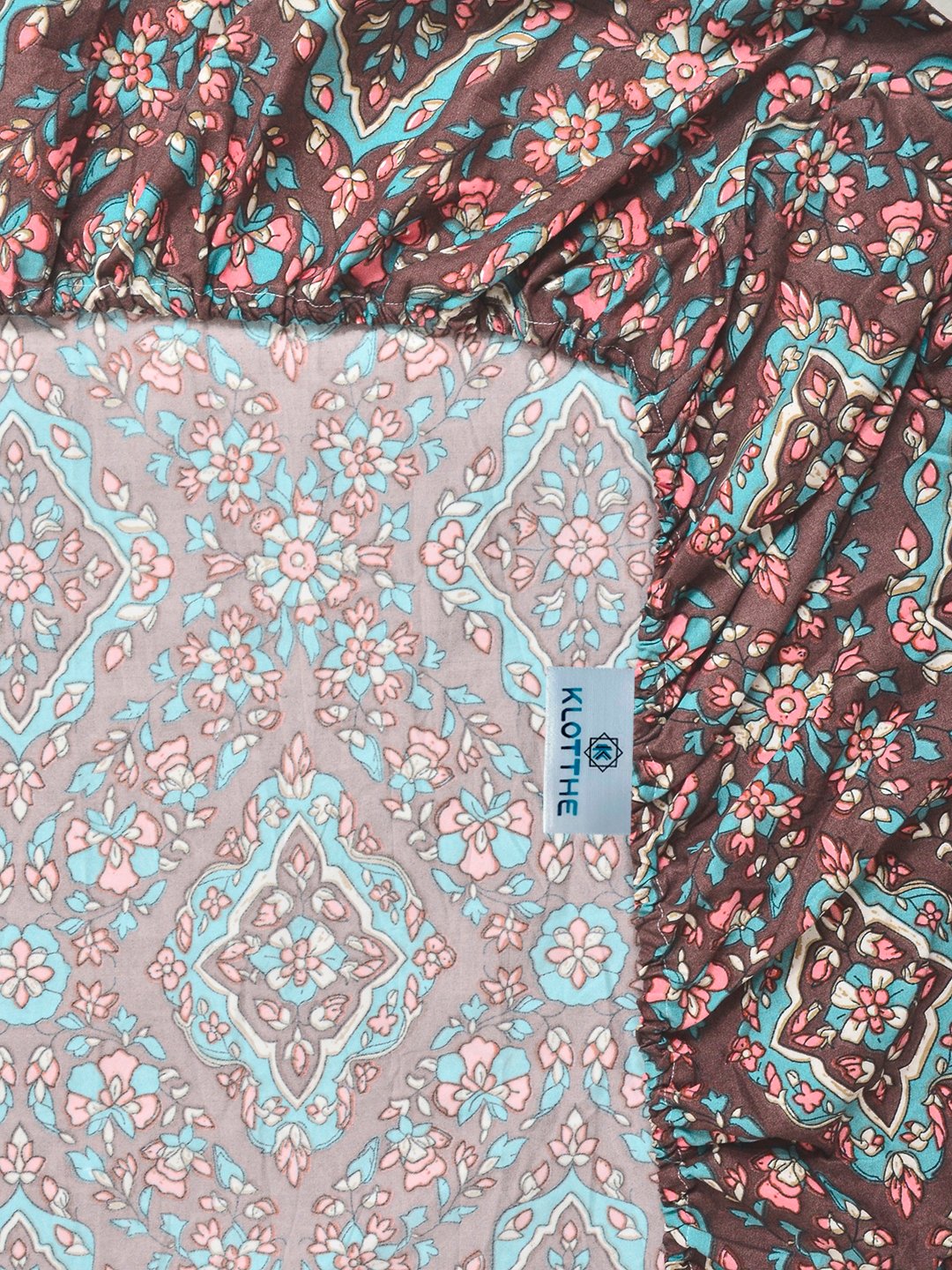 Brown Floral Fitted Fitted Cotton Blend Double Bedsheet with 2 Pillow Covers
