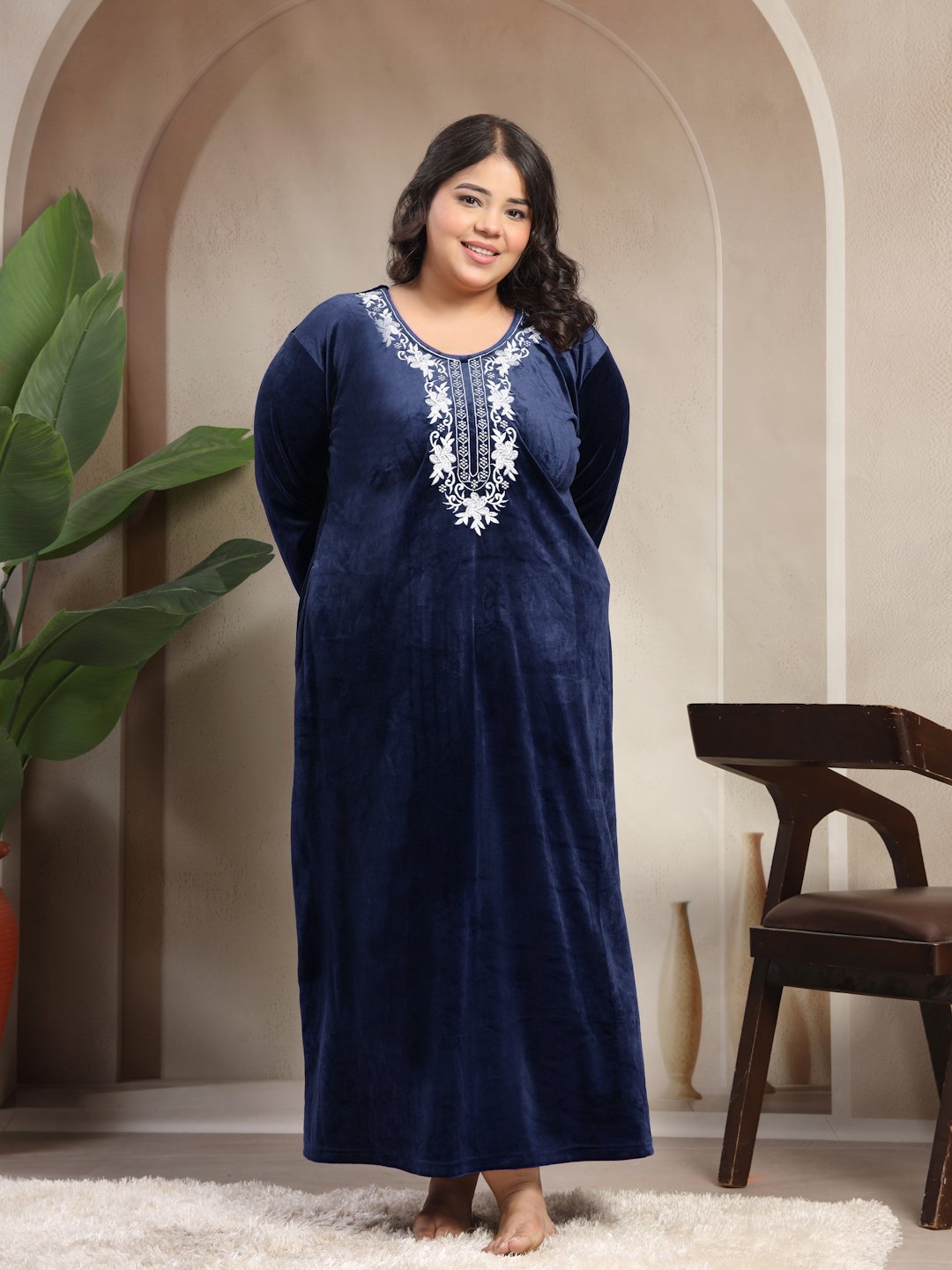 Klotthe Blue Solid Soft touch Velvet Maxi Nightdress