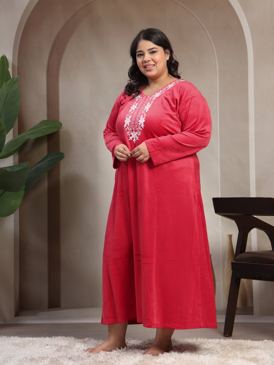 Klotthe Red Solid Soft touch Velvet Maxi Nightdress
