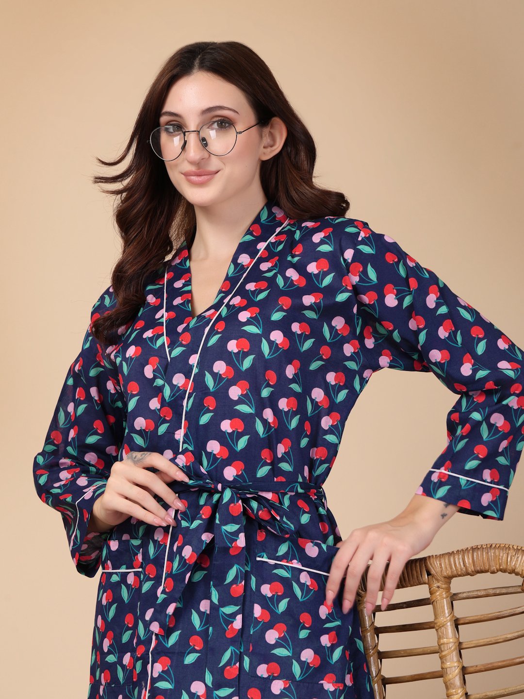 Women Printed Blue Abstract Pure Cotton Bath Robe With Belt