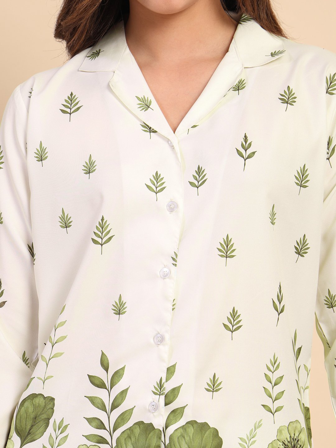 Cream Cotton Printed Shirt With Trousers Co-Ords Set