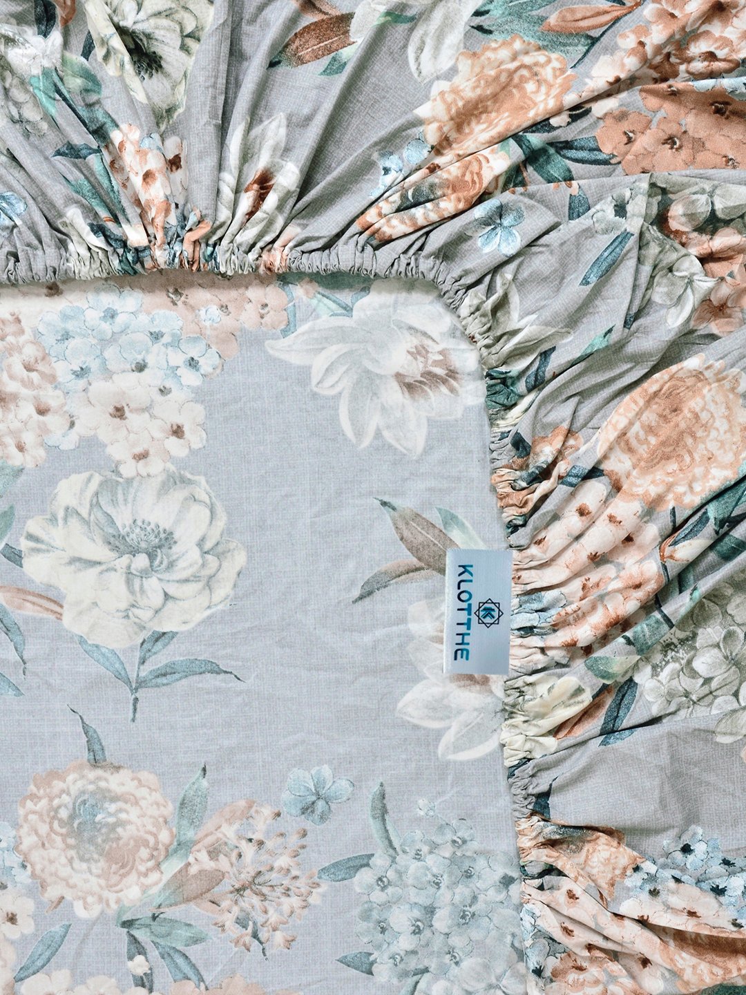 Grey Floral Cotton Blend Fitted Single Bedsheet with Pillow Cover