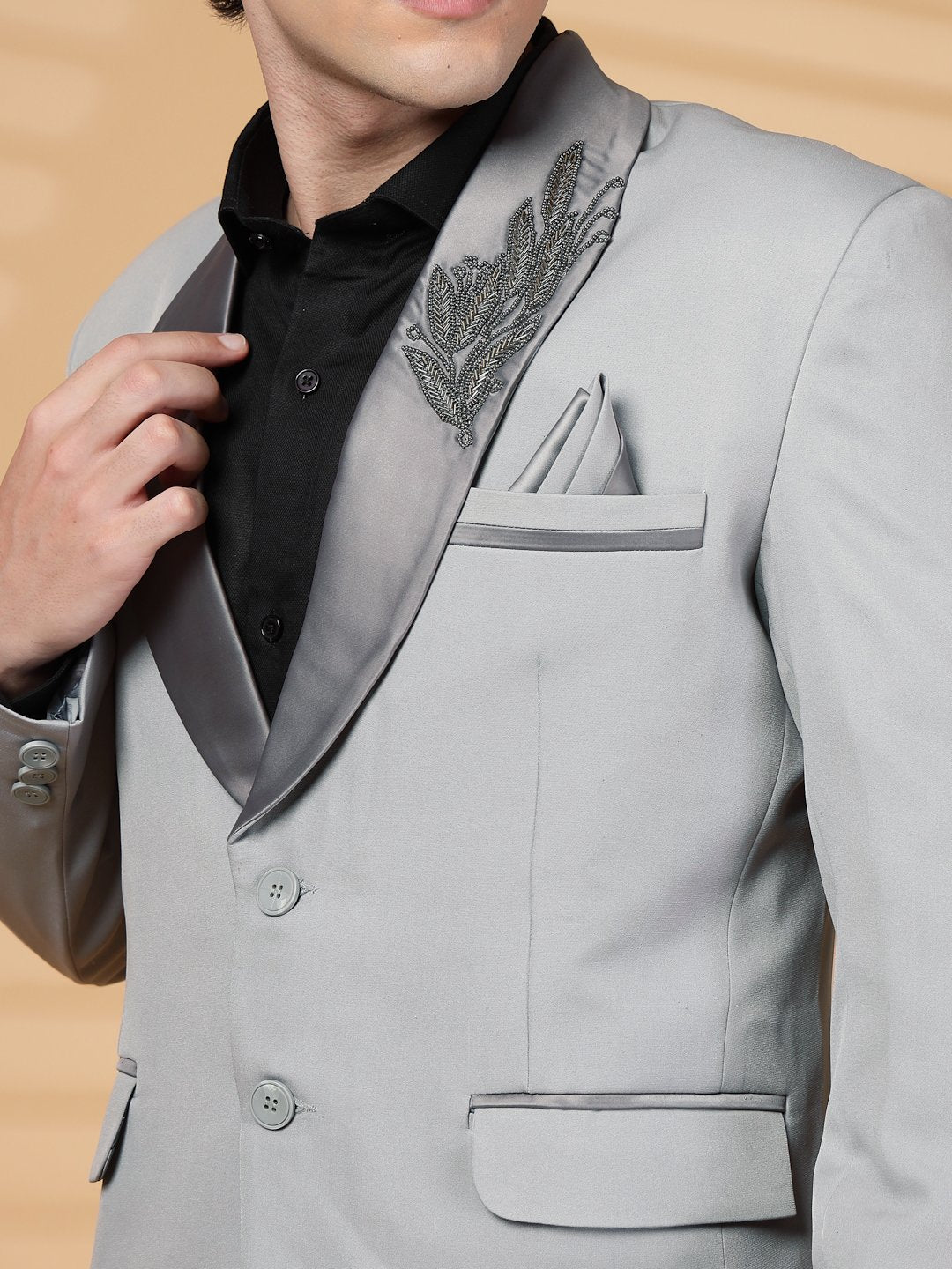 Grey Solid Embroidery Single-Breasted Two-Piece Party Suit