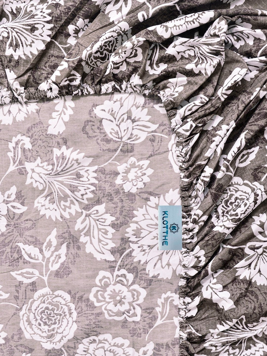 Brown Floral Cotton Blend Fitted Single Bedsheet with Pillow Cover