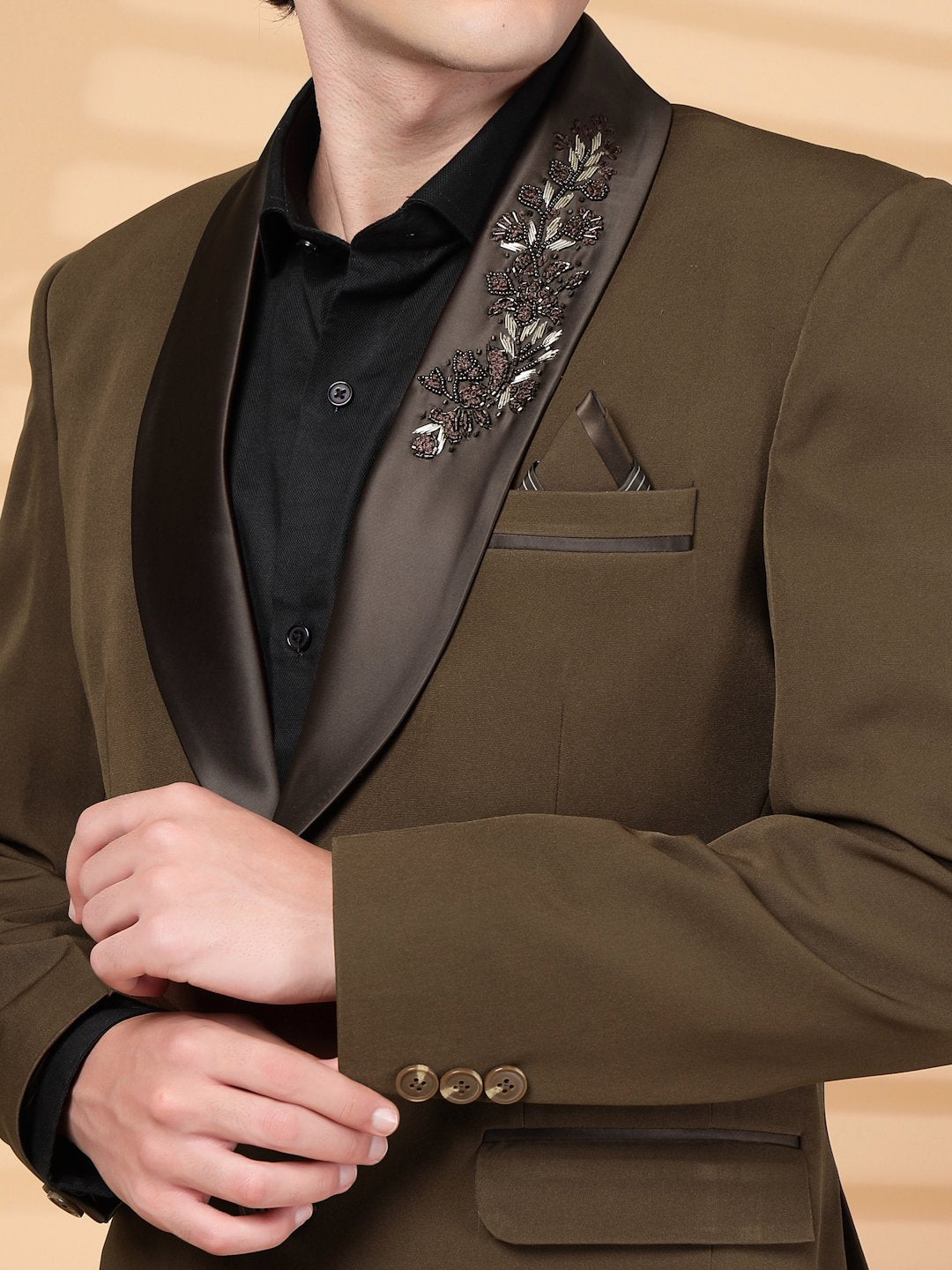 Brown Solid Embroidery Single-Breasted Two-Piece Party Suit