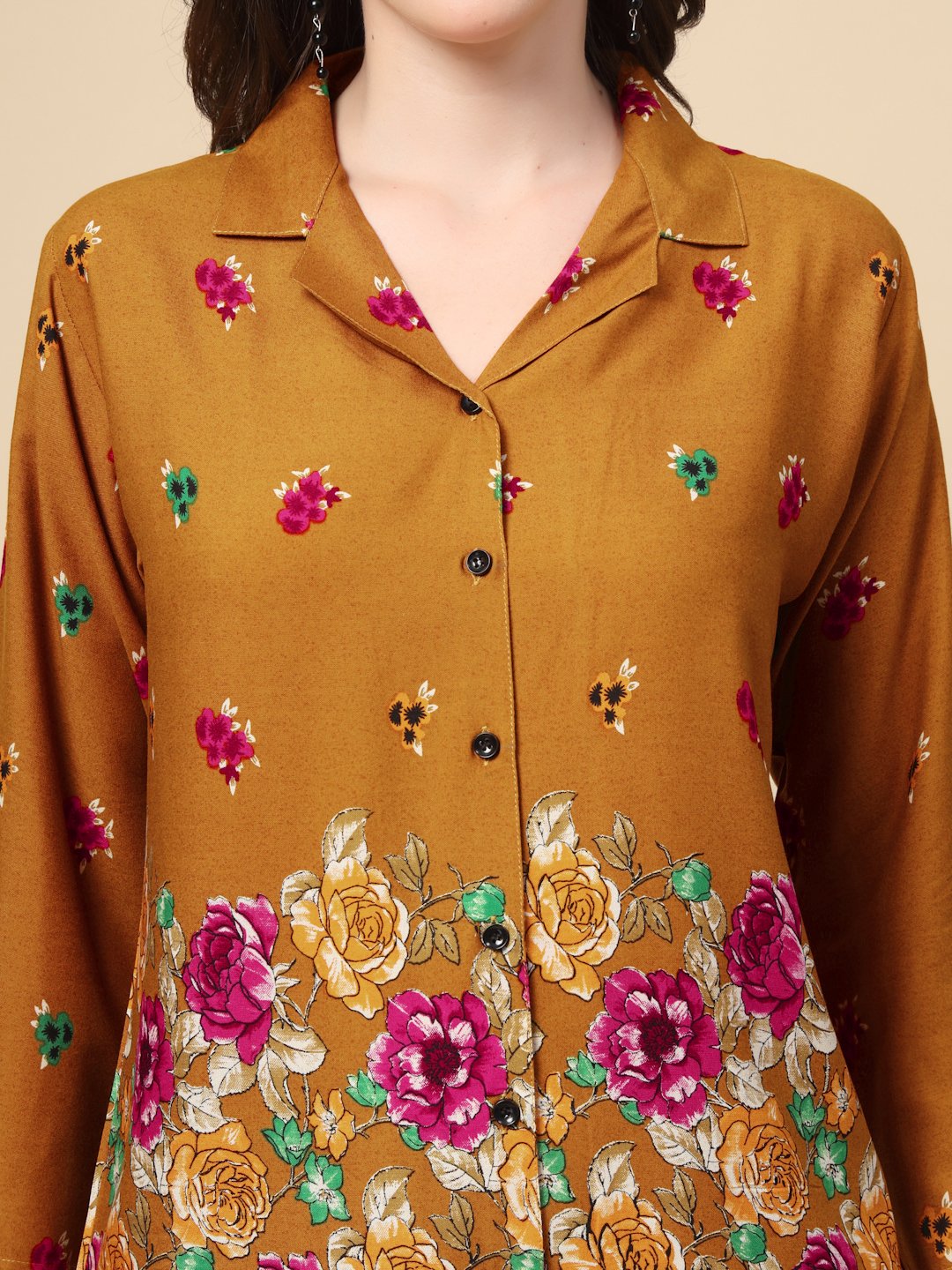 Mustard Cotton Printed Shirt With Trousers Co-Ords Set