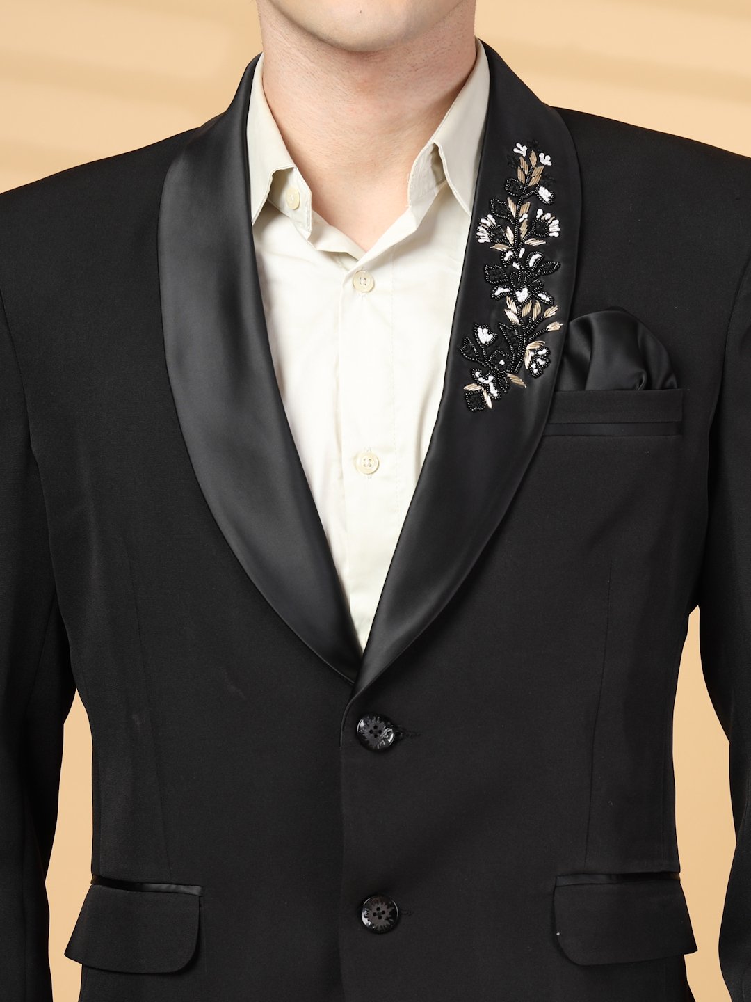 Black Solid Embroidery Single-Breasted Two-Piece Party Suit