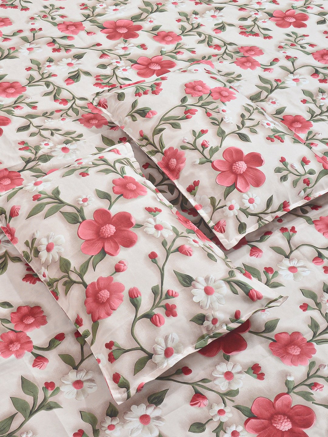 Cream Floral 7D King Size Cotton Blend Fitted Double Bedsheet with 2 Pillow Covers