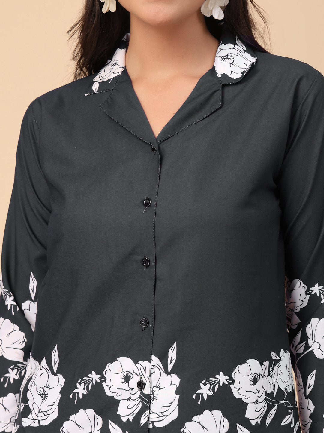 Black Cotton Printed Shirt With Trousers Co-Ords Set