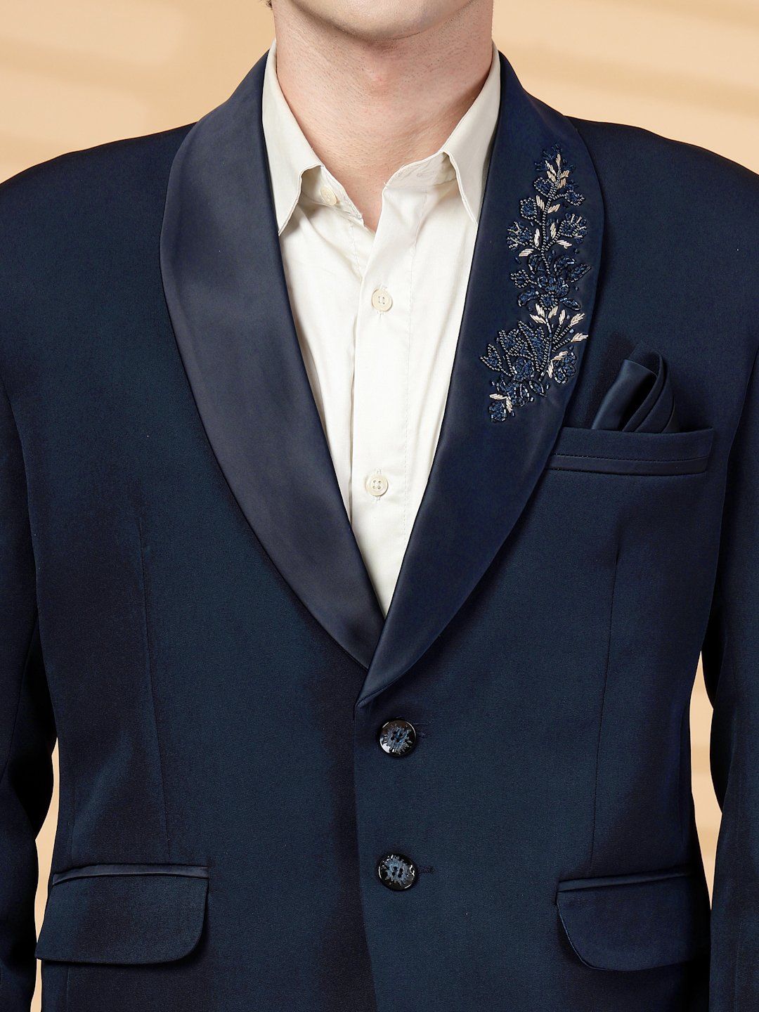 Blue Solid Embroidery Single-Breasted Two-Piece Party Suit