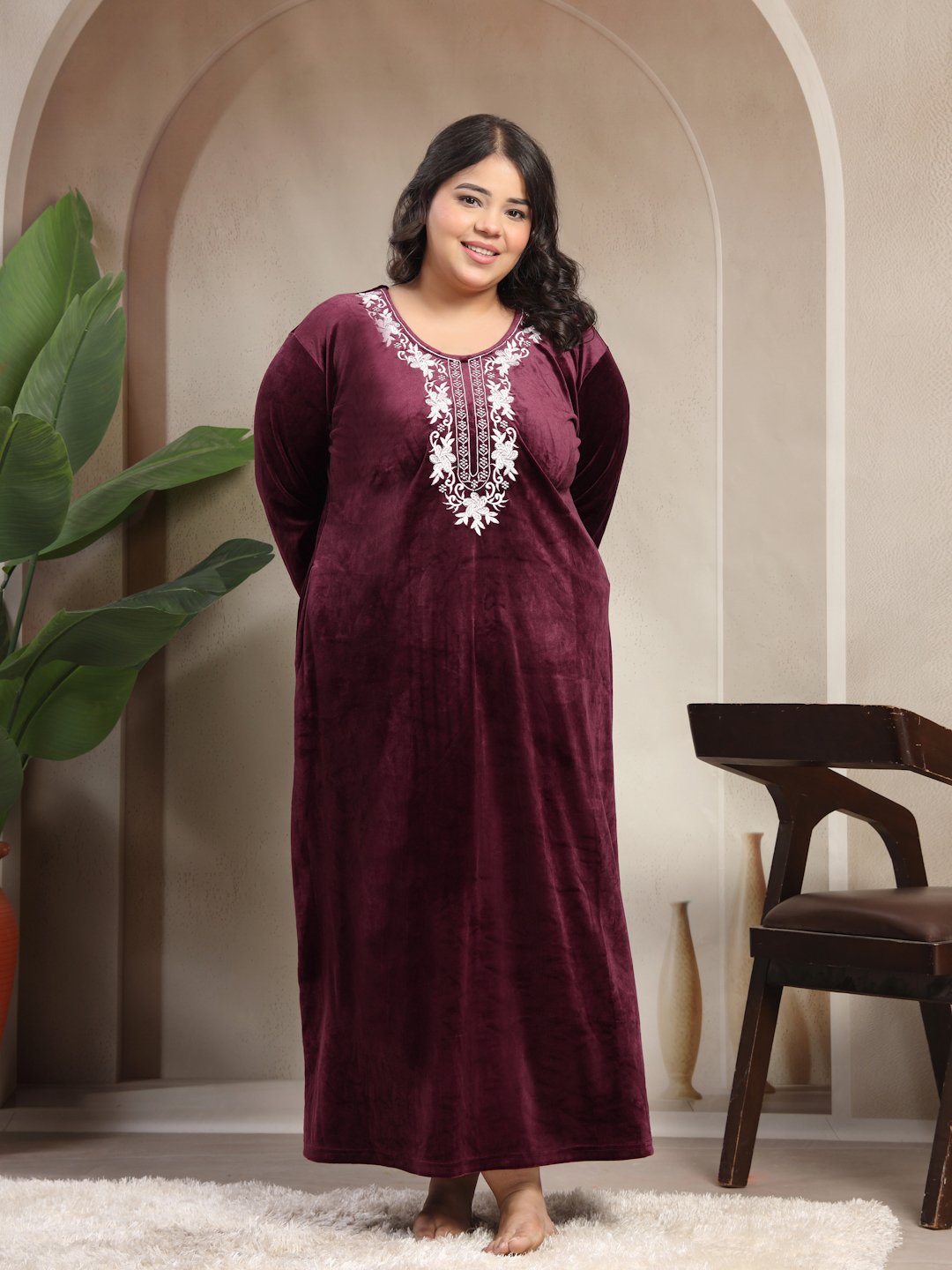 Klotthe Wine Solid Soft touch Velvet Maxi Nightdress