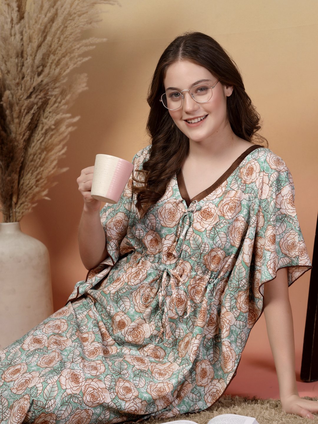 Green Floral Cotton Blend Kaftan Maxi Nightdress