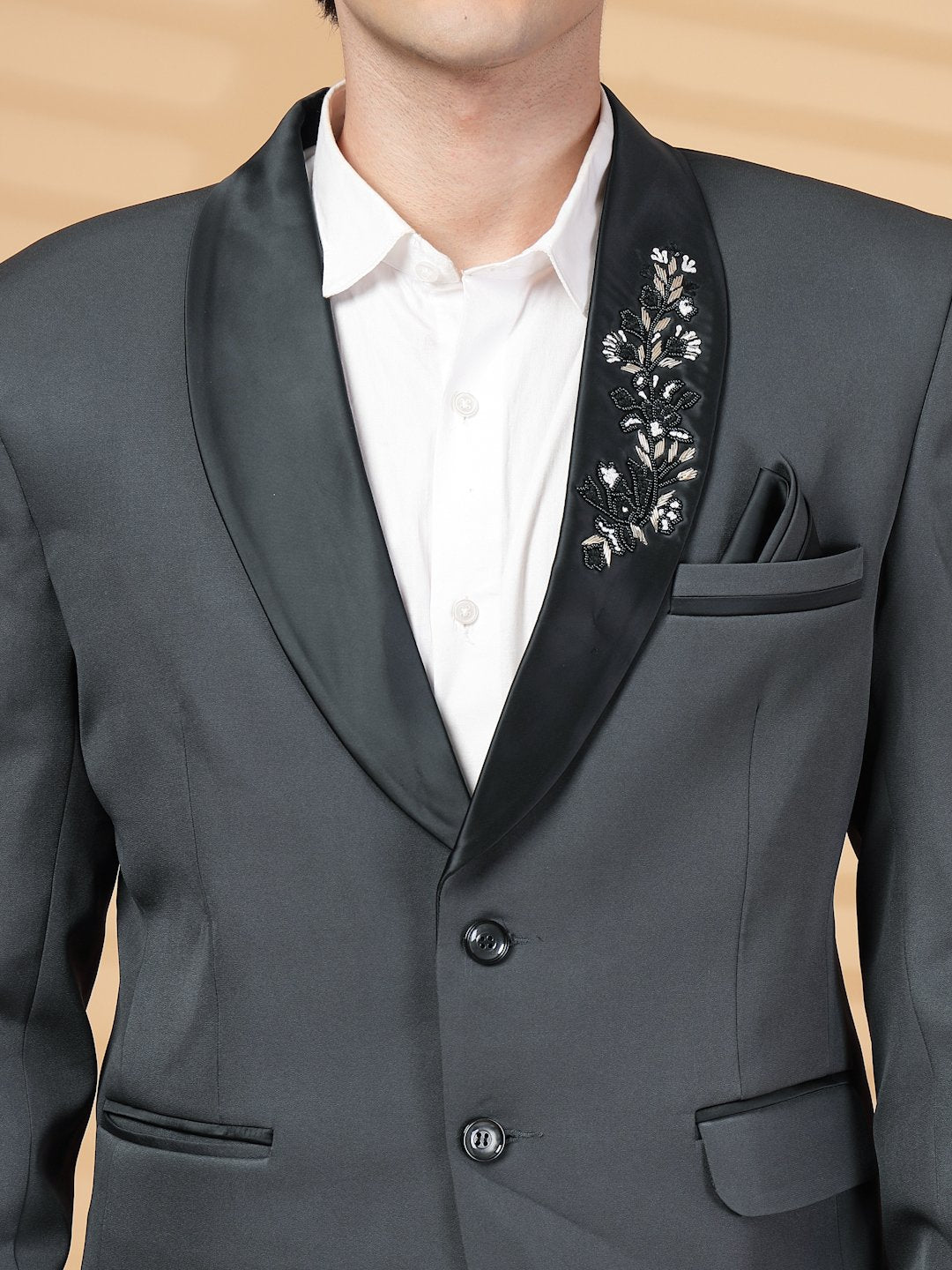Grey Solid Embroidery Single-Breasted Two-Piece Party Suit