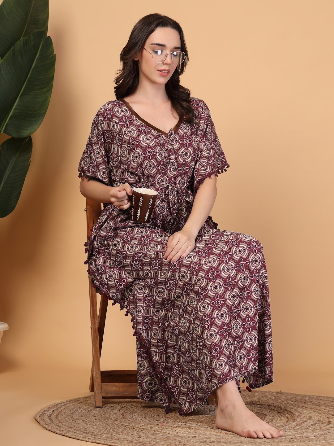 Red Floral Cotton Blend Kaftan Maxi Nightdress