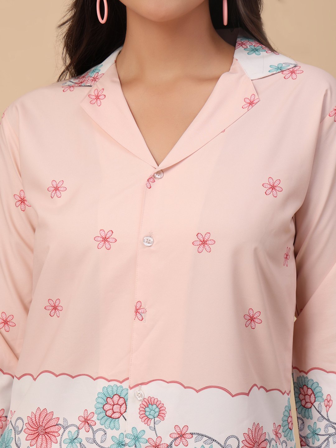 Pink Cotton Printed Shirt With Trousers Co-Ords Set