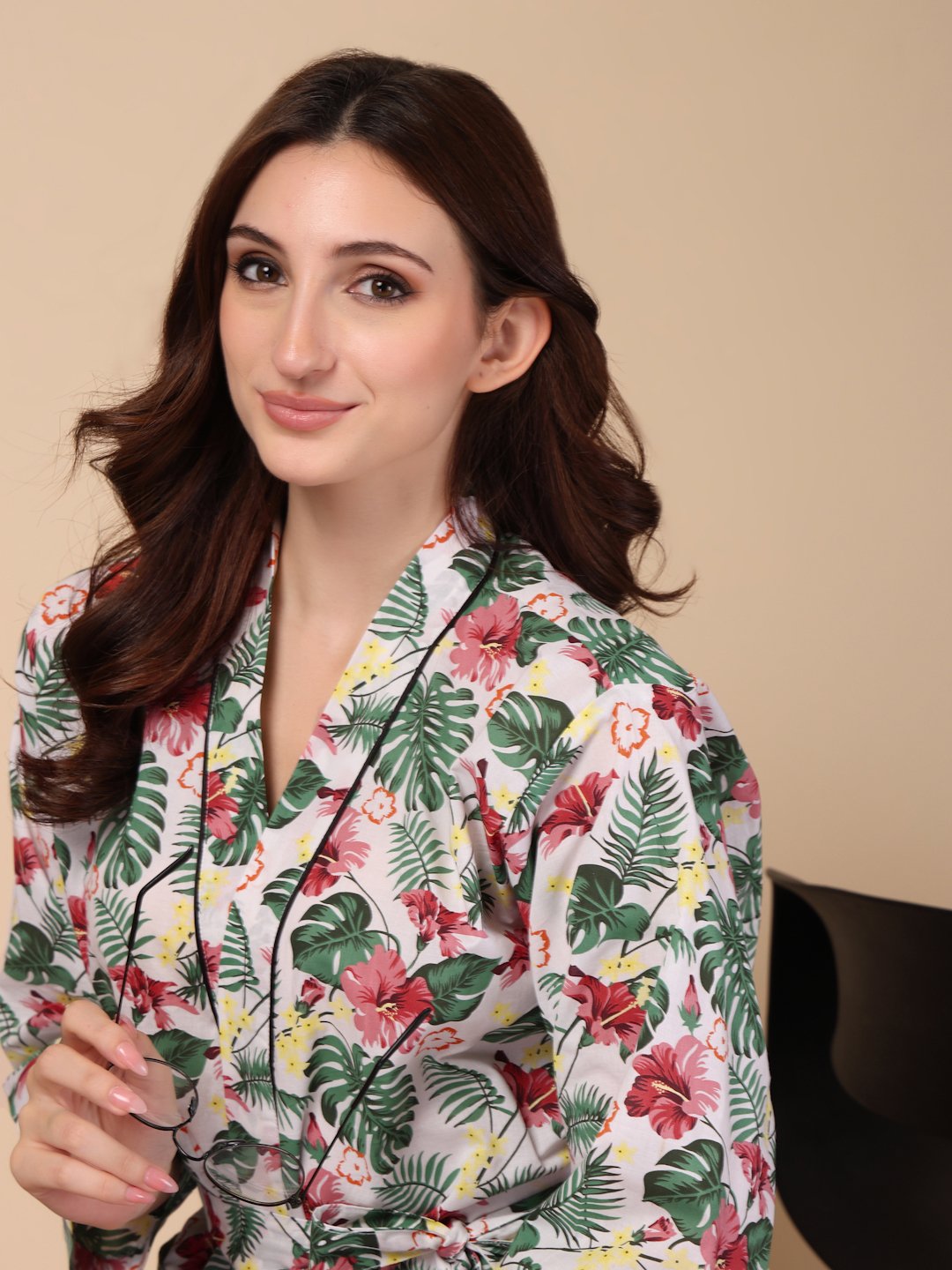 Women Printed White Floral Pure Cotton Bath Robe With Belt