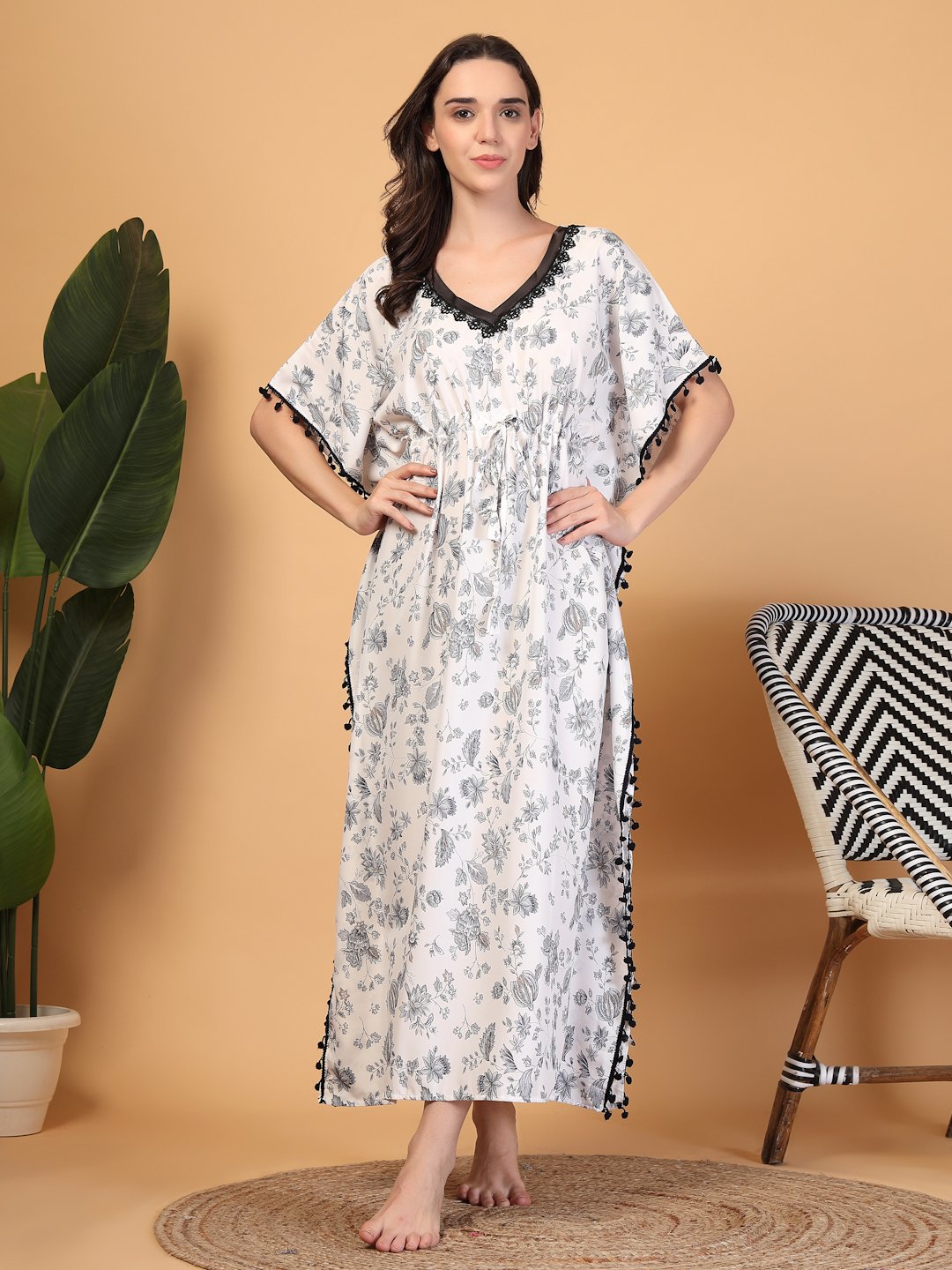 White Floral Cotton Blend Kaftan Maxi Nightdress