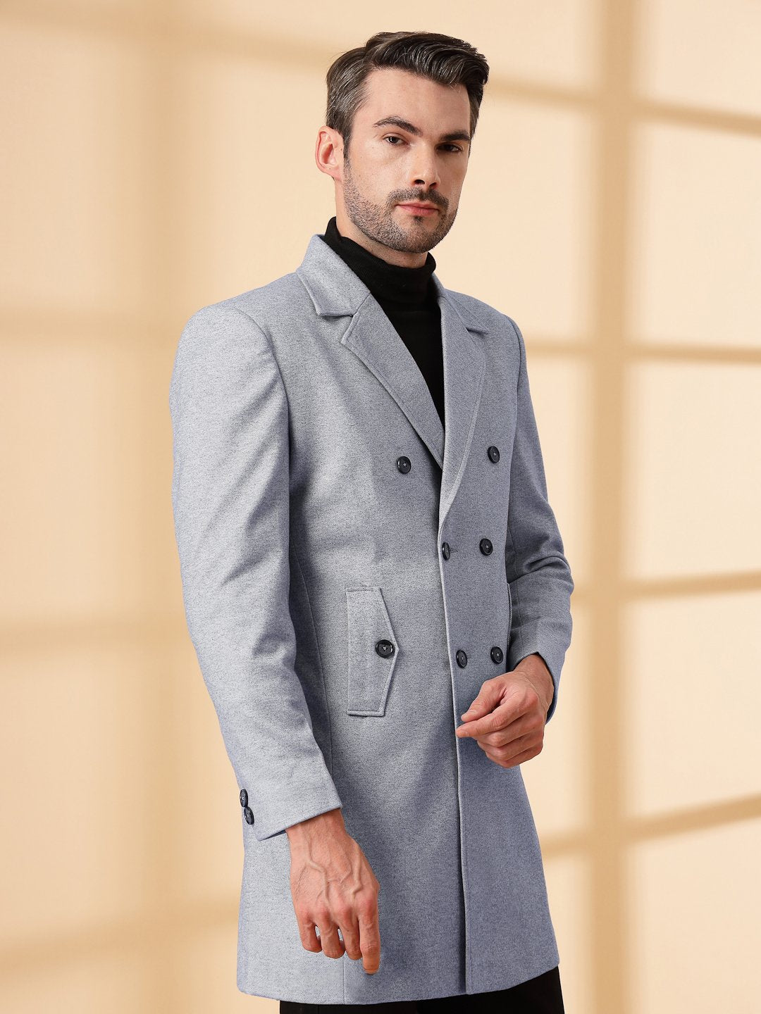 Grey Long Sleeve Double-Breasted Woolen Coat