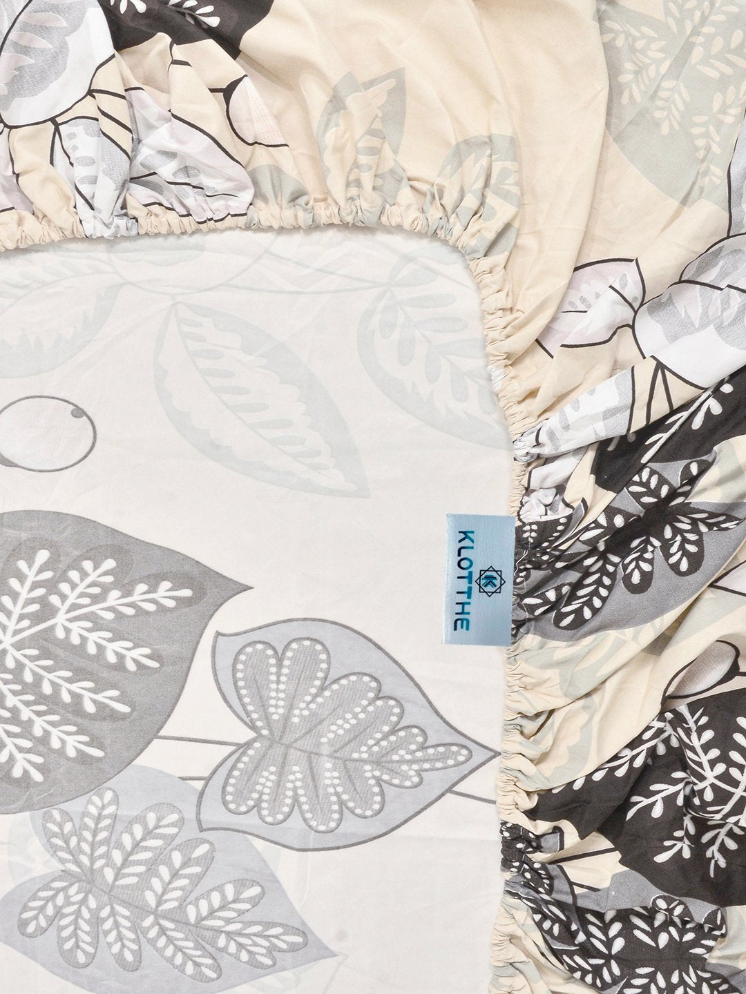 Beige Floral Fitted Fitted Cotton Blend Double Bedsheet with 2 Pillow Covers