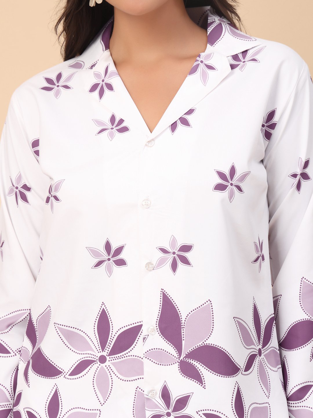White Cotton Printed Shirt With Trousers Co-Ords Set