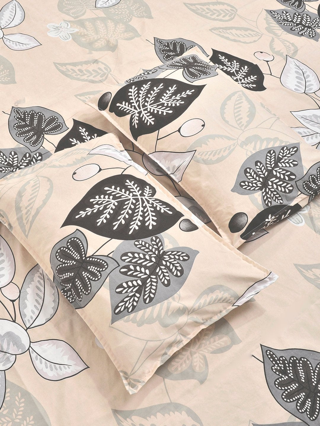 Beige Floral Cotton Blend Double Bedsheet with 2 Pillow Covers
