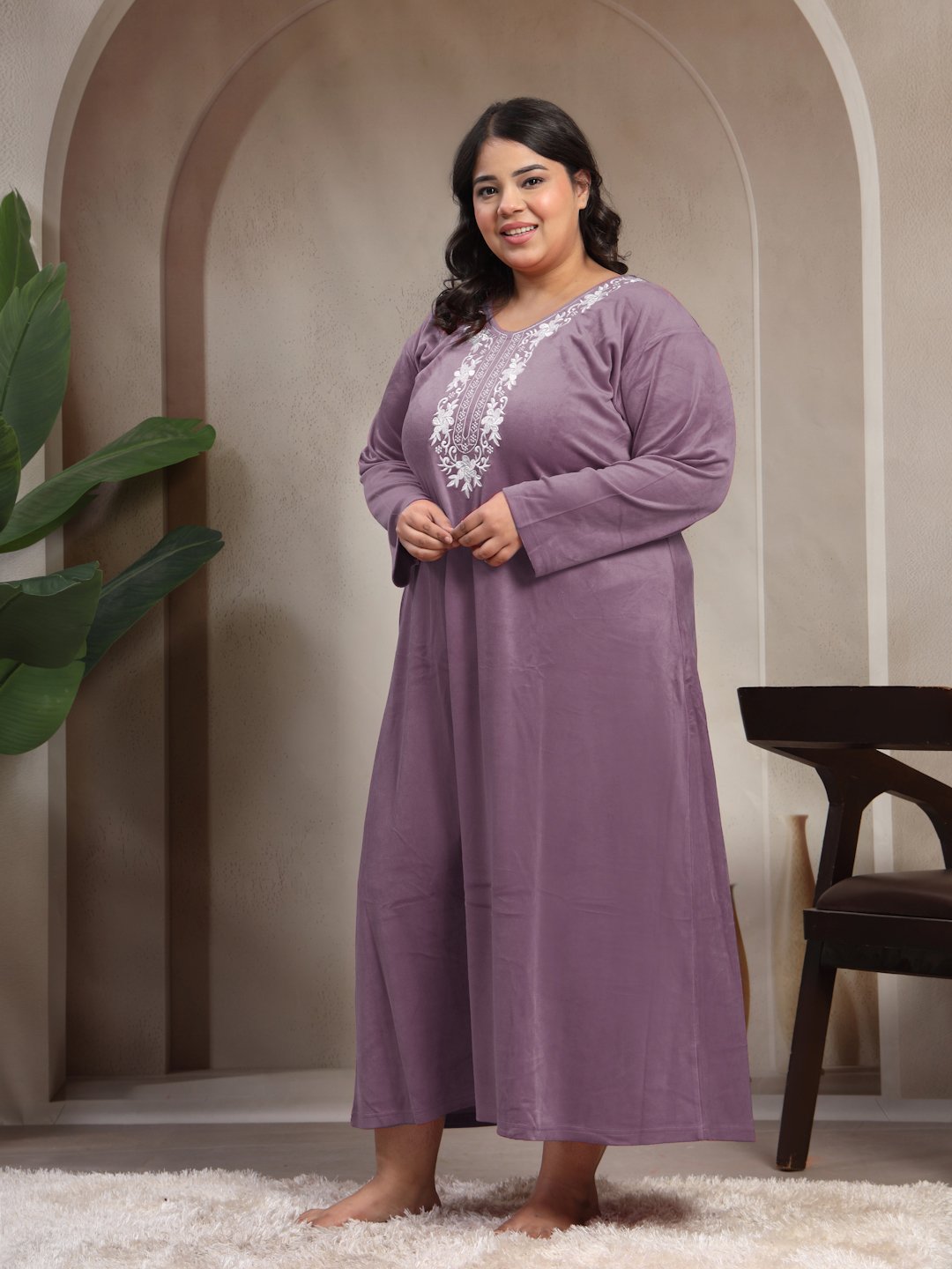 Klotthe Purple Solid Soft touch Velvet Maxi Nightdress