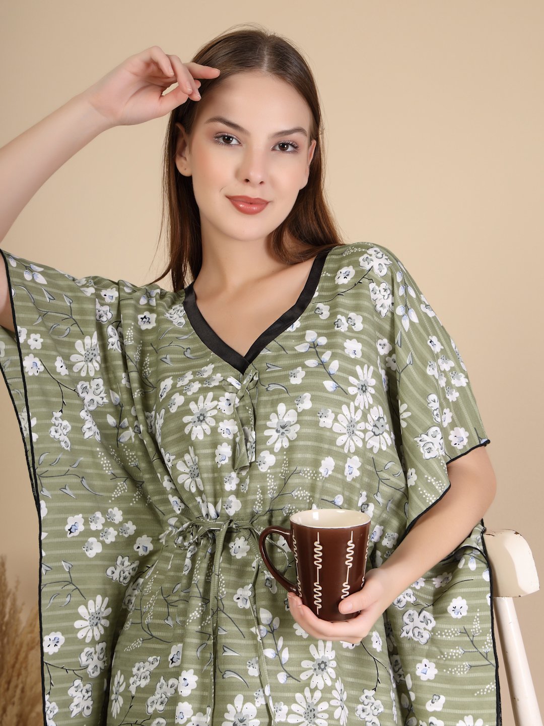 Olive Floral Cotton Blend Kaftan Maxi Nightdress