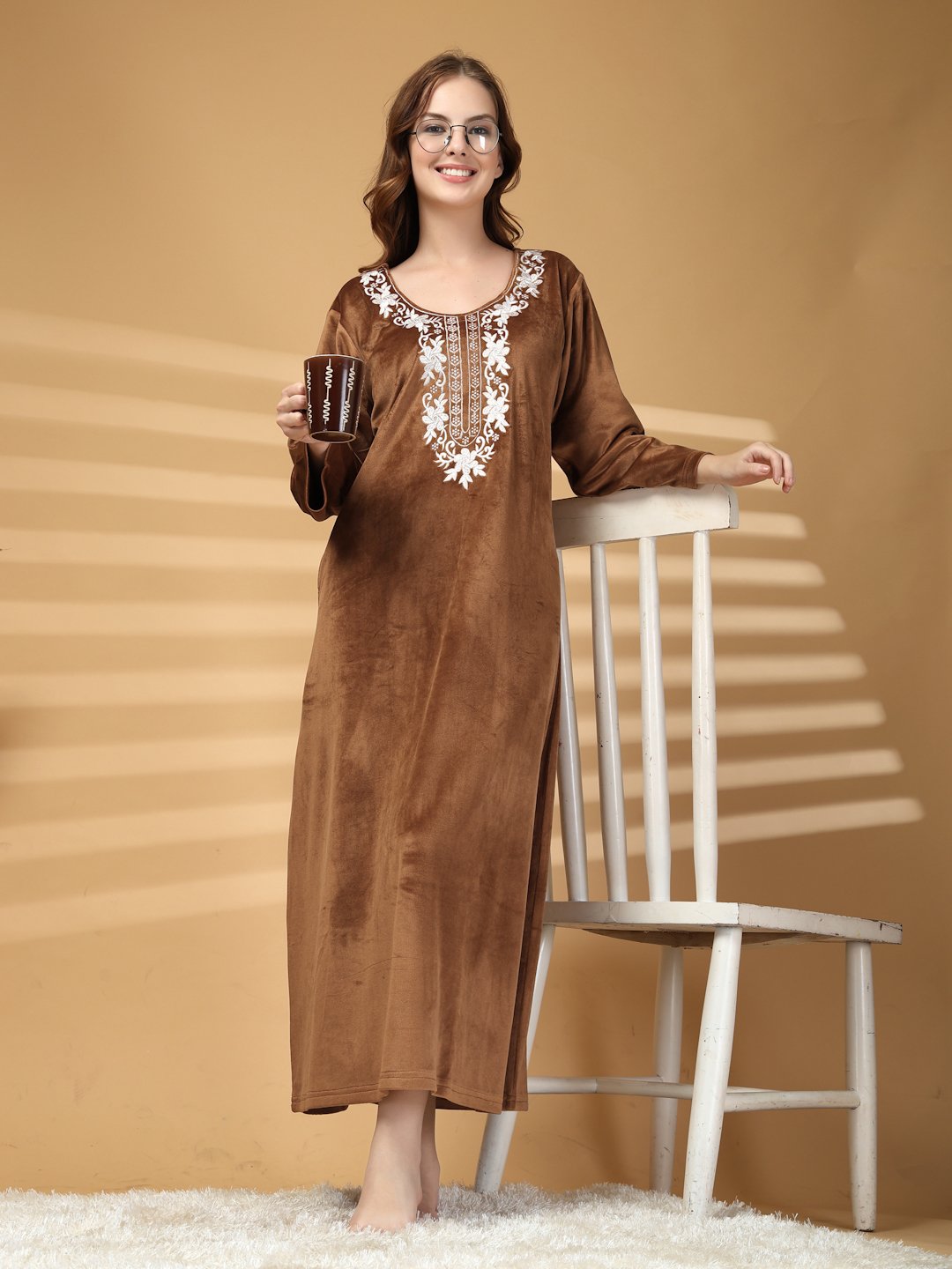 Klotthe Brown Solid Soft touch Velvet Maxi Nightdress