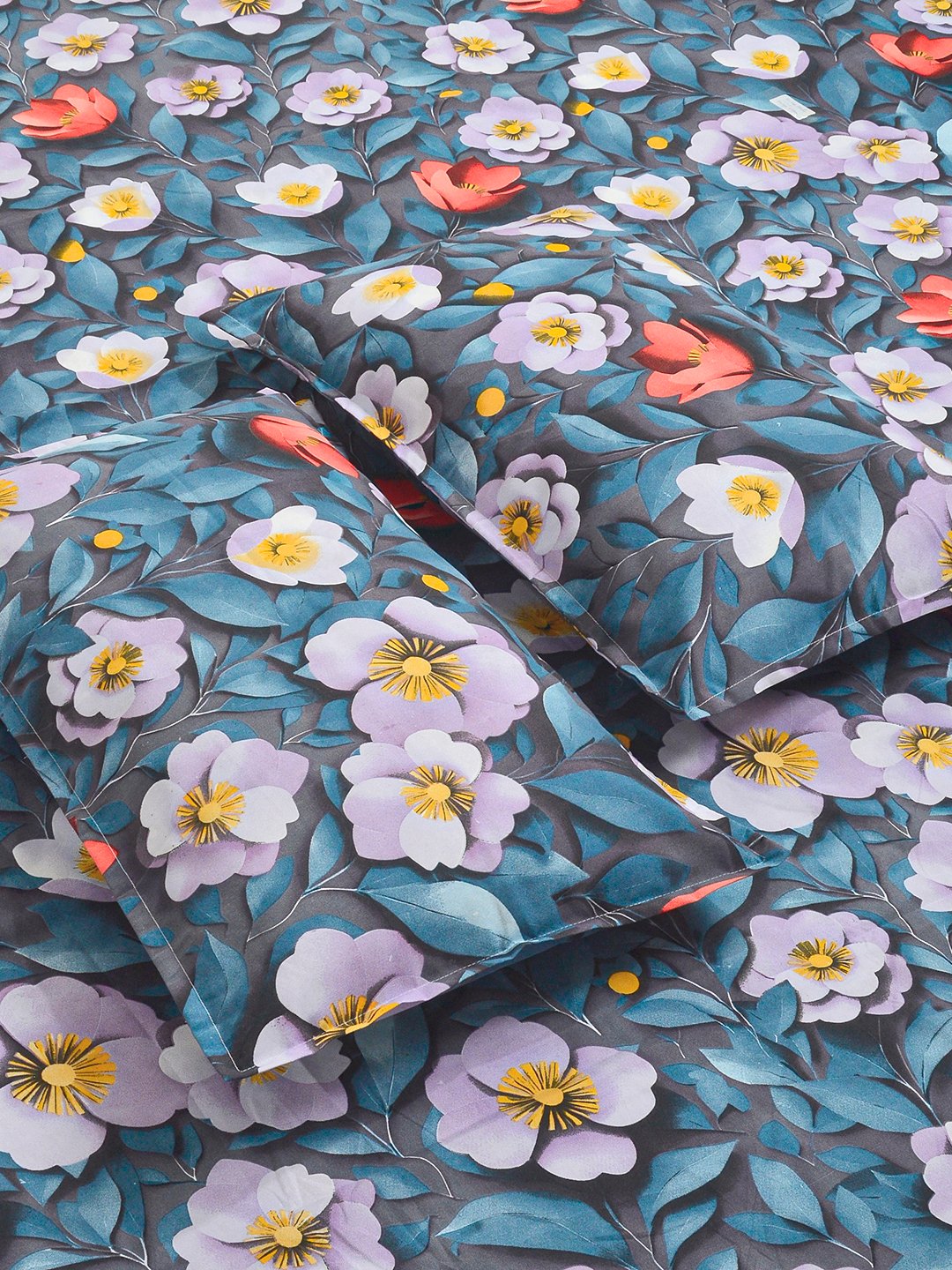 Blue Floral 7D King Size Cotton Blend Fitted Double Bedsheet with 2 Pillow Covers