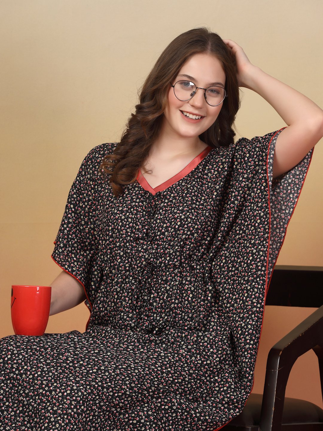 Black Floral Cotton Blend Kaftan Maxi Nightdress