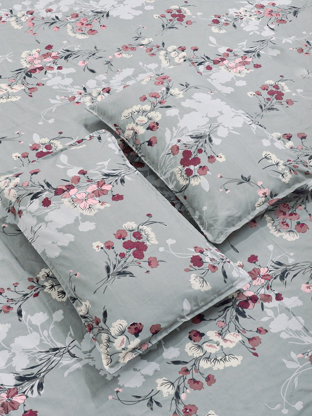 Grey Floral Cotton Blend Double Bedsheet with 2 Pillow Covers