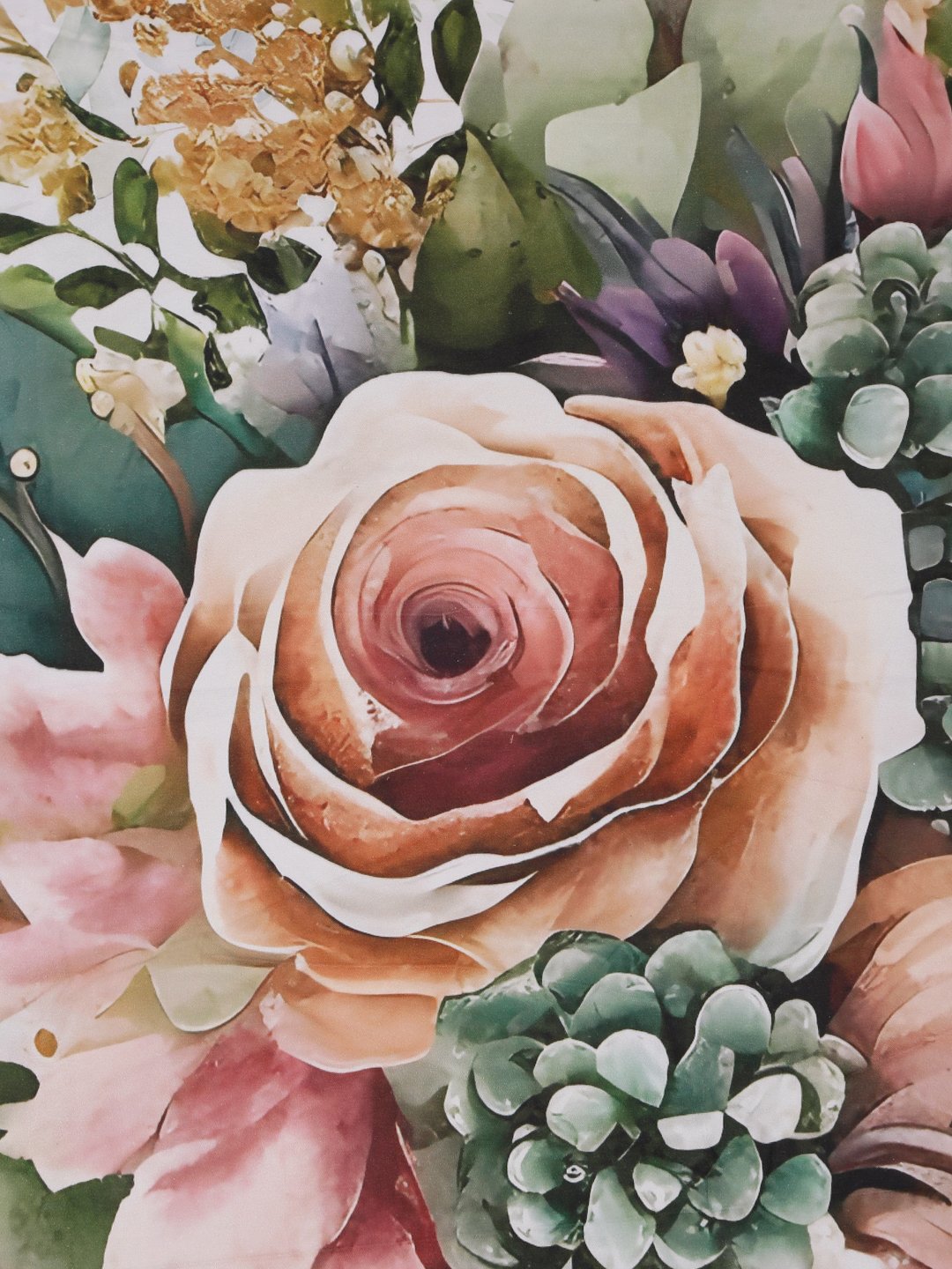 Cream 7D Floral Printed Cotton Blend Double Bedsheet with 2 Pillow Covers