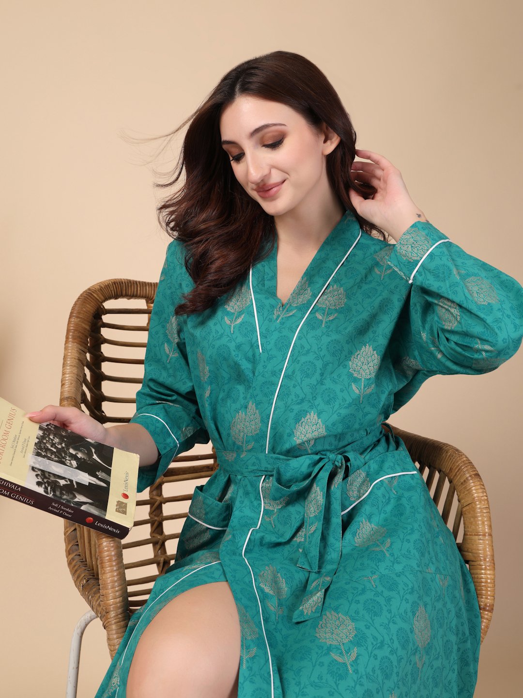 Women Printed Green Floral Pure Cotton Bath Robe With Belt
