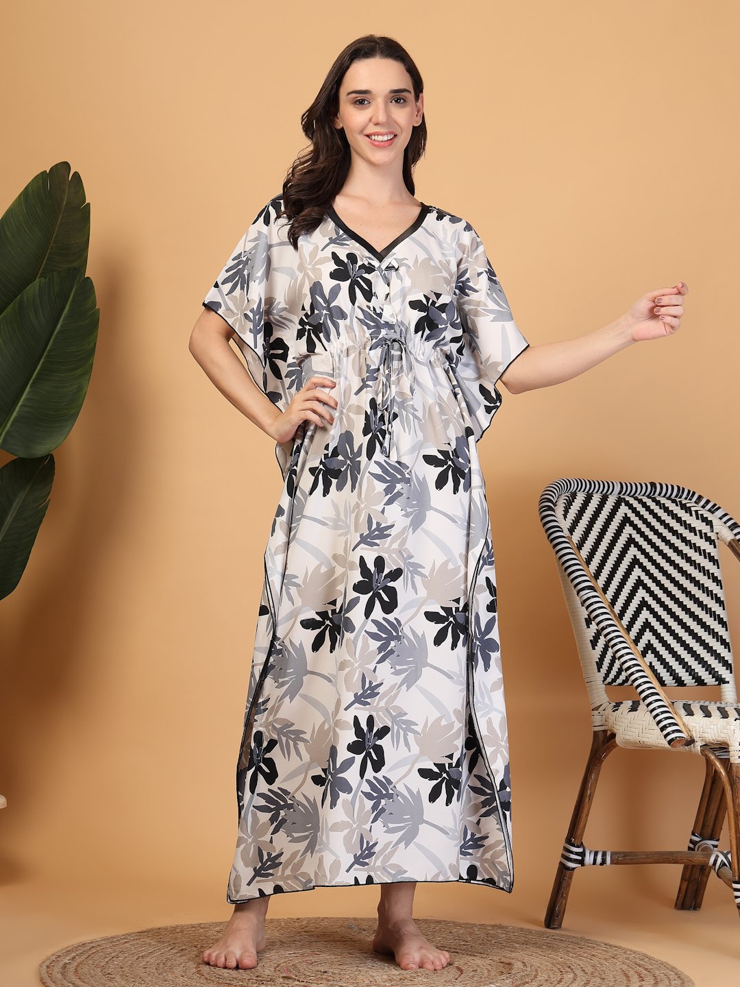 Grey Floral Cotton Blend Kaftan Maxi Nightdress