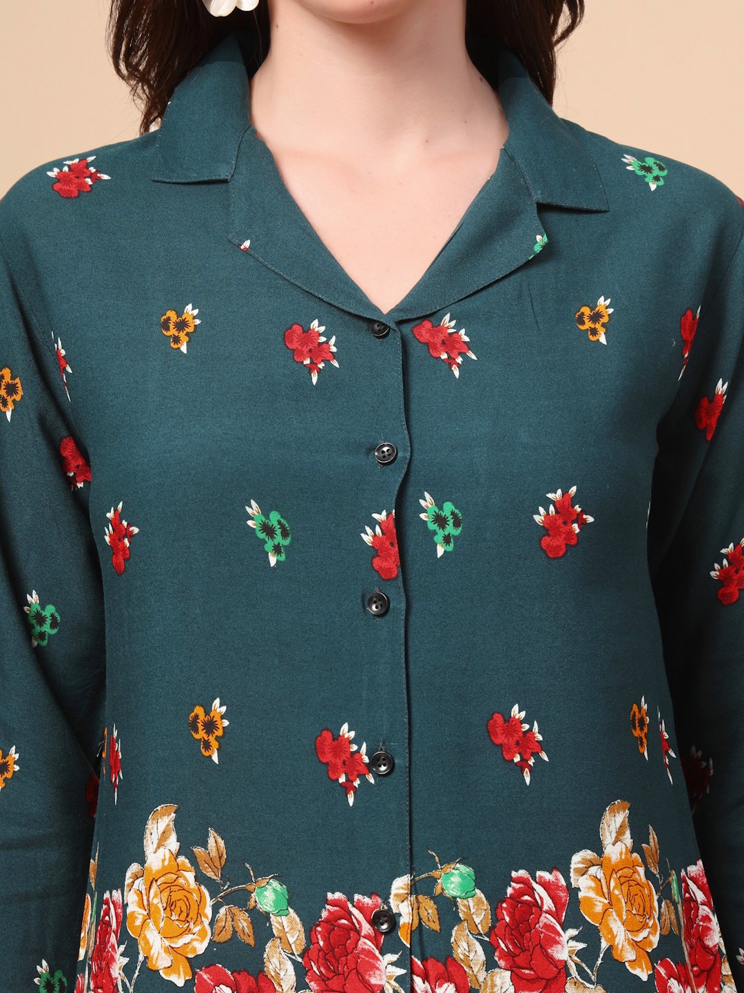 Green Cotton Printed Shirt With Trousers Co-Ords Set