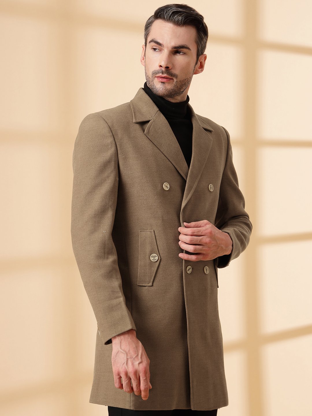 Brown Long Sleeve Double-Breasted Woolen Coat