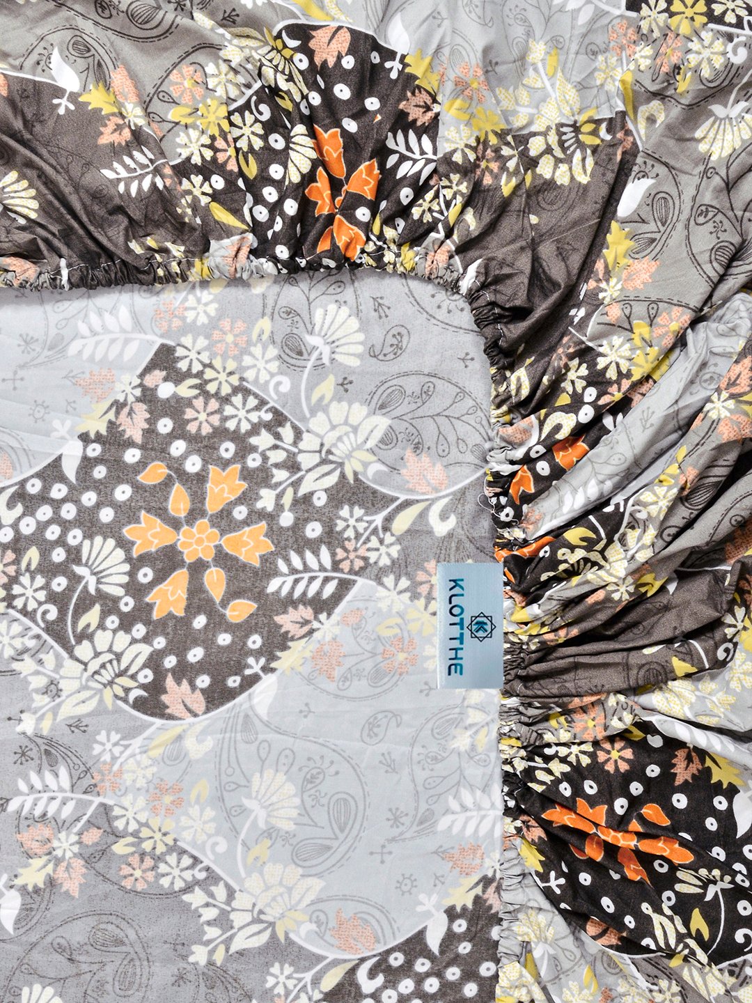 Grey Floral Cotton Blend Fitted Single Bedsheet with Pillow Cover