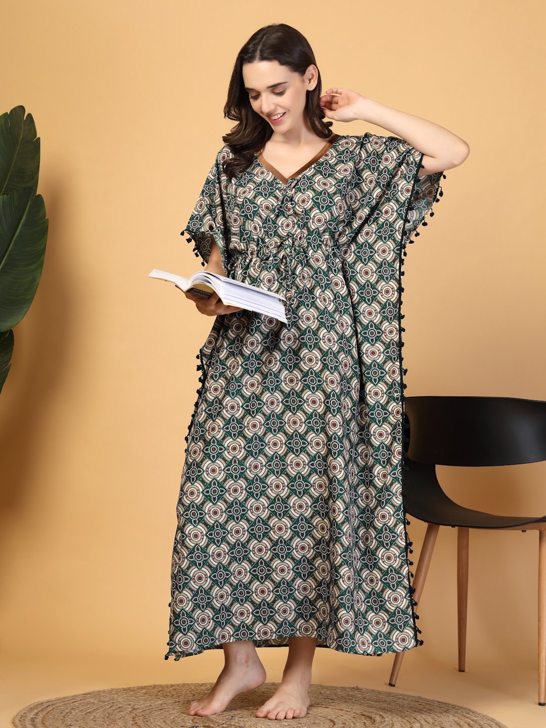 Green Floral Cotton Blend Kaftan Maxi Nightdress