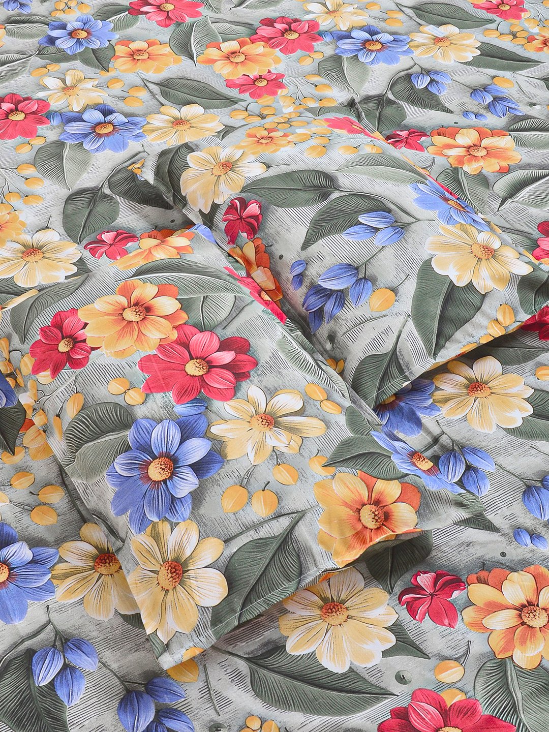 Green Floral 7D King Size Cotton Blend Fitted Double Bedsheet with 2 Pillow Covers